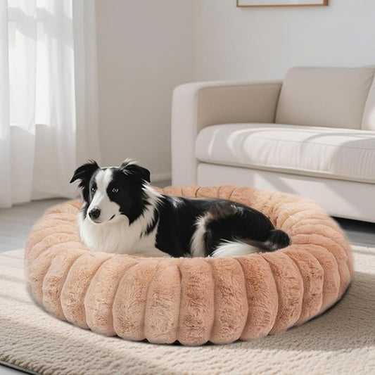 Vhen When Donut Dog and Cat Bed, Luxurious Comfortable Faux Rabbit Fur Pet Beds, Round Anti-Anxiety Calming Puppy Kitten Bed with Anti-Slip Bottom for Small Medium Large Dogs & Cats(31", Brown)