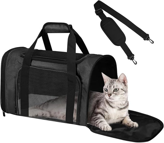 FOORLON Cat Carrier Soft for Pets Up to 15 Lbs, Cat Travel Bag Soft-Sided with Padded Shoulder Strap, Pet Dog Carriers for Small Dogs Travel Puppy Carry Airline Approved, Black