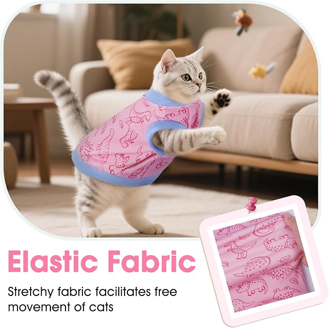DENTRUN Sleeveless Cat Vest with Dinosaur Print, Breathable Ultra-Soft Dralon Fleece Cat Sweater, All-Season Pet Costume Apparel for Cats, Kitten Clothing for Indoor/Outdoor, Pink, M