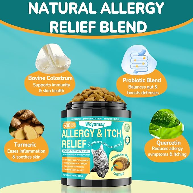 Woyamay Cat Allergy Relief for Cats, 500 Crunchy & Creamy Anti-Itch and Immunity Chews for Itchy Skin, Paws, Eyes, Ears| Stop Licking & Scratching, Supports Seasonal Itching, Chicken Flavor