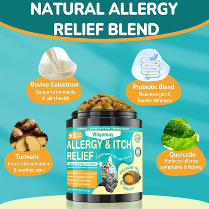 Woyamay Cat Allergy Relief for Cats, 500 Crunchy & Creamy Anti-Itch and Immunity Chews for Itchy Skin, Paws, Eyes, Ears| Stop Licking & Scratching, Supports Seasonal Itching, Chicken Flavor