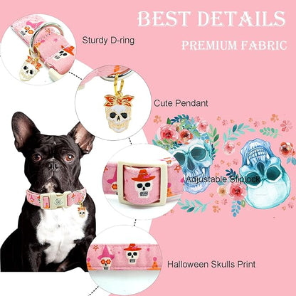 Elegant little tail Halloween Dog Collar, Skull Print Pink Halloween Pet Collars Cotton Soft Sturdy Puppy Collars Holiday Female Adjustable Collar for Medium Dogs