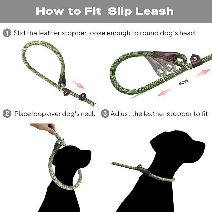 TwoEar 6FT Slip Lead Dog Leash, Heavy Duty Slip Leash for Dogs with Highly Reflective, Strong Rope Slip Leads No Pull Pet Training Leashes for Small Dogs (3/8", Green)