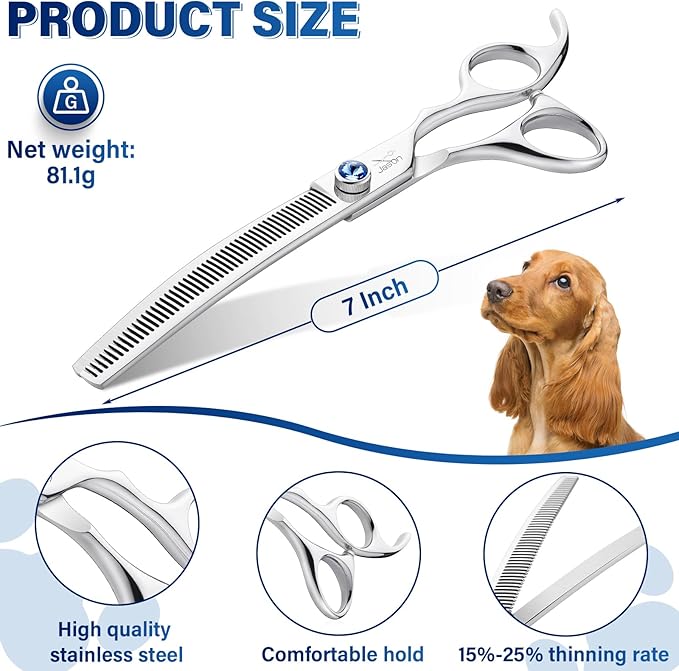 JASON 7" Curved Dog Scissors - Ergonomic Grooming Scissors, Silver, 440C Stainless Steel, Professional Pet Shears (50-Teeth) Christmas Gift