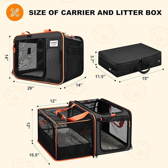 Pidipiti 20 x 14 x 14 Expandable cat car Travel Carrier for 1 Small-Medium cat,with a Portable Leakproof Small cat Litter Box