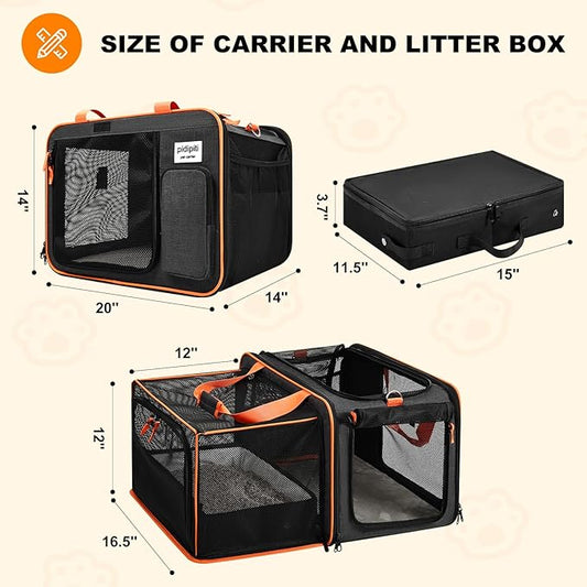 Pidipiti 20 x 14 x 14 Expandable cat car Travel Carrier for 1 Small-Medium cat,with a Portable Leakproof Small cat Litter Box