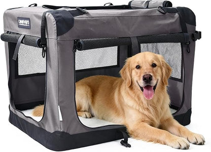 JESPET Soft Dog Crates Kennel, 3 Door Soft Sided Folding Travel Pet Carrier with Straps and Fleece Mat for Dogs, Cats (Dark Grey, X-Large(36" L x 24" W x 27" H))