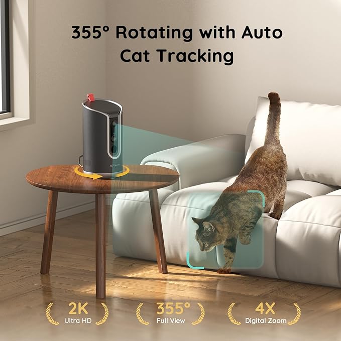 TKENPRO Pet Camera Treat Dispenser [1-Year Trial: Cloud + AI Features Included], 2K Dog & Cat Cam, Remote Treat Tossing, 360° Auto Tracking, 5G/2.4G WiFi Compatible, 2-Way Talk, Motion Alerts Indoor