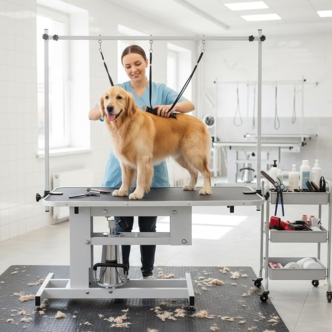 Garvee 43.3 in Hydraulic Pet Grooming Table, Professional Hydraulic Grooming Table w/Max 350 LBS Loading Capacity, 3 Adjsutable Nooses, Adjustable Height Range 22 in -39 in