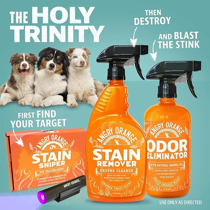 ANGRY ORANGE Pet Odor Eliminator Kit for Dog/Cat Urine - Citrus - 24 oz + UV Flashlight
