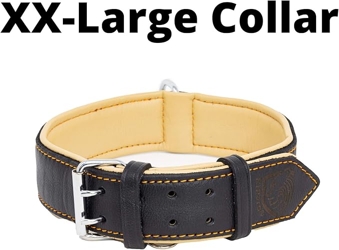 Riparo Genuine Leather Padded Dog Heavy Duty K-9 Adjustable Collar (L: 1.5" Wide for 17"-21" Neck, Black/Orange Thread)