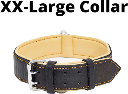 Riparo Genuine Leather Padded Dog Heavy Duty K-9 Adjustable Collar (L: 1.5" Wide for 17"-21" Neck, Black/Orange Thread)