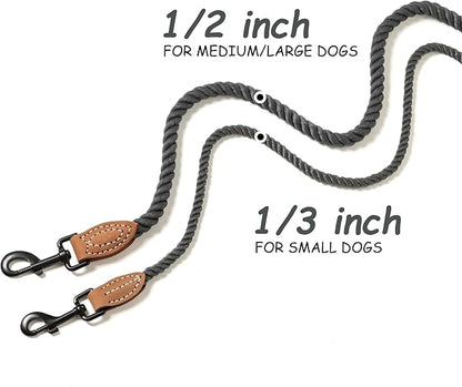 Mile High Life Dog Leash, Braided Cotton Rope Leashes with Leather Tip - Heavy Duty Metal Clasp, 6FT, 1/3" Thick - Wedding, Walking Leash for Small Medium Dogs(Dark Gray)