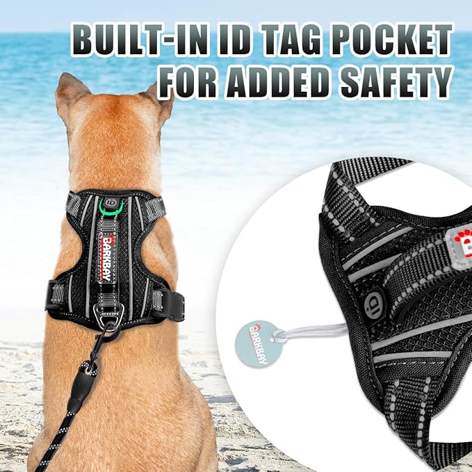 BARKBAY No Pull Dog Harness Large Reflective Dog Harness with Front Clip and Easy Control Handle for Walking Training Running with ID tag Pocket(Black,XS)