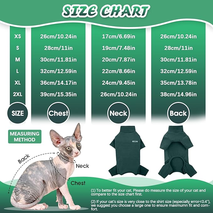 ROZKITCH Hairless Cat Clothes, Breathable Soft Jumpers for Cats Only, Full Cover Clothing with Four Legs, Warm Sweater T-Shirt Pajamas Jumpsuit Vest Cornish Rex Devon Rex Peterbald DarkGreen L