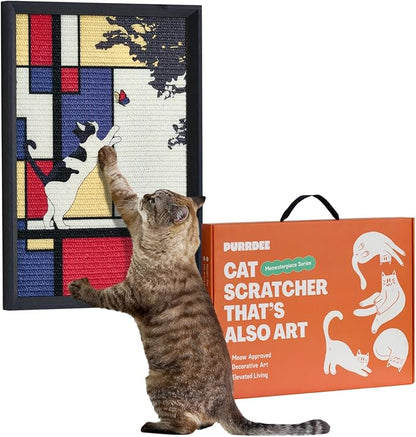 Decorative Wall Art Cat Scratcher for Vertical Scratching, 14"x20" Framed Sisal Scratch Pad Mat with Renter-Friendly No-Drill Wall Mounted Setup, Durable Alternative to Cardboard (Mondrian's Cat)
