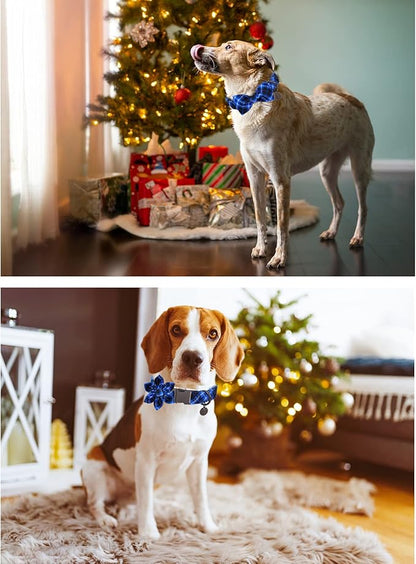 Dog Collar With Bow Tie, Cotton Bowtie for Small Girl Boy Dogs, Holiday Blue With Durable Metal Buckle, Cute Plaid Pet Collar, S