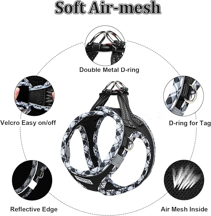 Mercano Soft Mesh Dog Harness and Leash Set, No-Chock Step-in Reflective Breathable Lightweight Easy Walk Vest Harnesses with Safety Buckle for Small Dogs, Cats (Black White, XL)