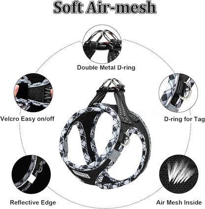 Mercano Soft Mesh Dog Harness and Leash Set, No-Chock Step-in Reflective Breathable Lightweight Easy Walk Vest Harnesses with Safety Buckle for Small Dogs, Cats (Black White, XXS)