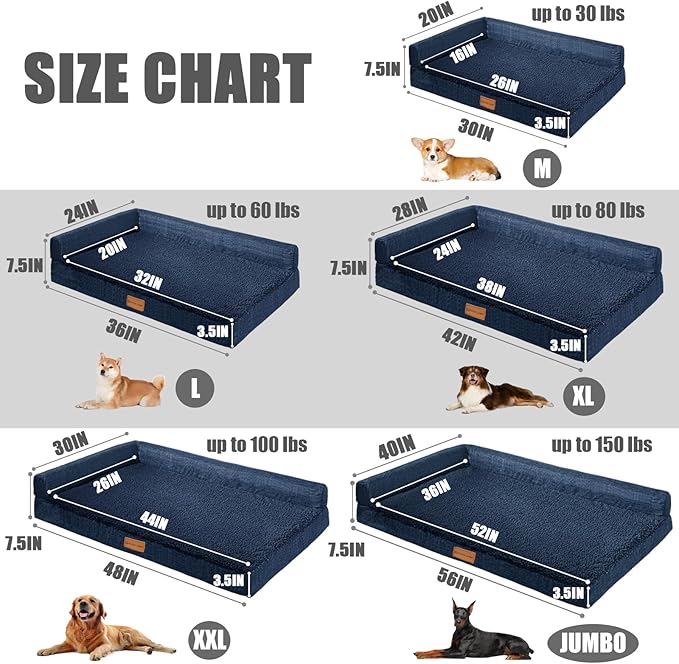 Patas Lague Orthopedic XL Dog Bed Large Sized Dog 48''X30'', Waterproof L Bolster Big Large Pet Sofa Beds with Removable Washable Cover, Soft Comfortable Pet Couch Crate Mat with Nonskid Bottom, Navy