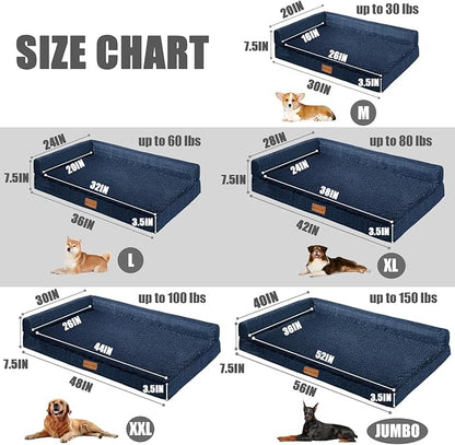 Patas Lague Orthopedic XL Dog Bed Large Sized Dog 48''X30'', Waterproof L Bolster Big Large Pet Sofa Beds with Removable Washable Cover, Soft Comfortable Pet Couch Crate Mat with Nonskid Bottom, Navy