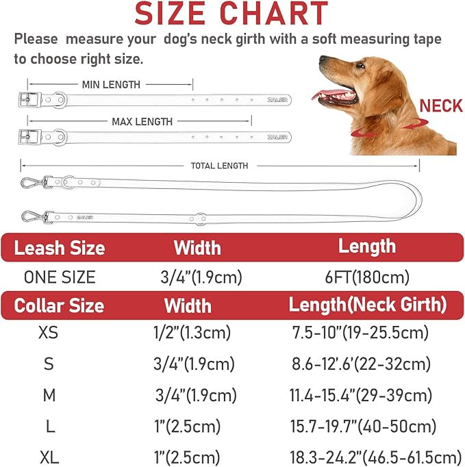 ZALER Dog Collar and Leash Set, Waterproof Adjustable Odor Proof Pet Collars Leashes Easy to Clean, 6FT Dog Leash with 2 Hooks for Large, Medium Small Dogs (S, Red)
