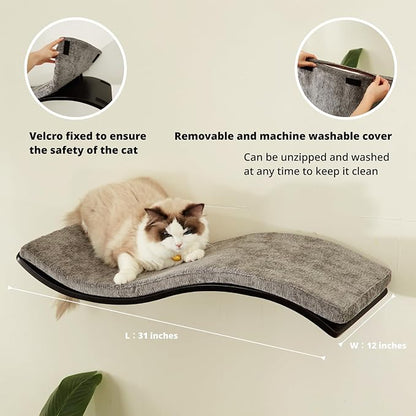 LIORCE Cat Shelf with Comfortable Cushion - Wave Modern Cat Bed - Minimalistic Floating Wall Perch - Wooden Wall Mounted Cats Furniture for Sleeping, Playing, Climbing, and Lounging, Walnut