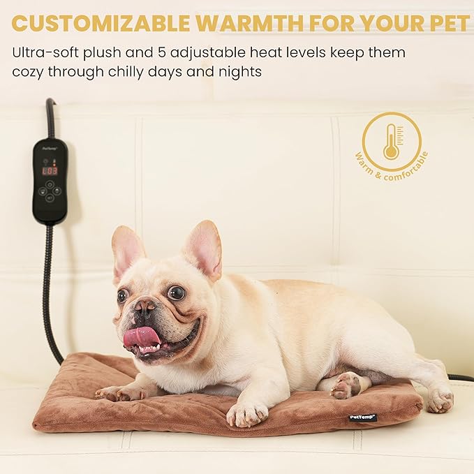 PetTemp Pet Heating Pad for Cats and Dogs, Heated Cat Bed & Dog Heating Pad with 5 Temperature Levels, Waterproof Heated Pet Mat with Timer, Auto Power-Off and Chew Resistant Cord, 20'' x 16''