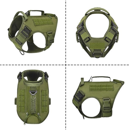 Tactical Dog Backpack Harness for Large Breed Original Design Metal Buckle Vest with Side Bags Pouches for Service Working Training (Green (with 2 Pouches), M)