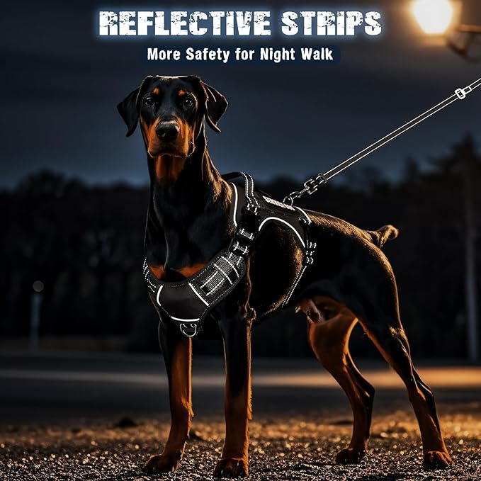 MOOGROU Tactical Dog Harness and Leash Set for Large Dogs,Heavy Duty No Pull Service Dog Vest and 10 Patches with Dog Seat Belt,Reflective Adjustable Pet Harness for Training Walking Hiking Black L