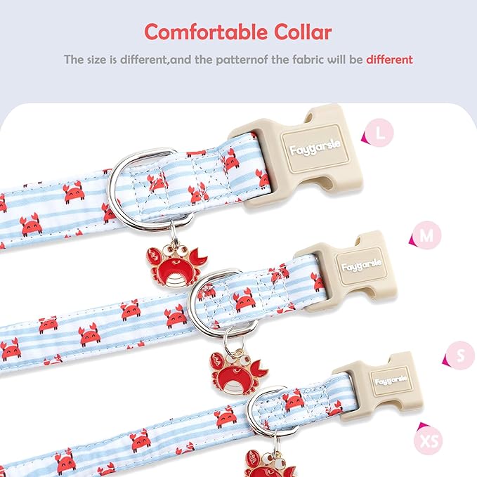 Faygarsle Cute Crab Pattern Dog Collar, Cotton Fabric, Light Blue Stripes, for Small Medium Large Dogs M