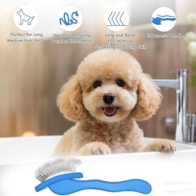 Slicker Brush for Dogs, Dog Grooming Supplies Long Pin Large Doodle Brush for Goldendoodles Poodles Bernedoodles, 3 Pcs Grooming Tools with Wooden Handle for Mats Tangles - Blue