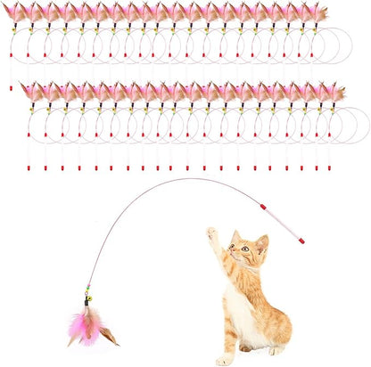 Sanpink 40 Pack Cat Feather Toy Wand, Interactive Pet Kitten Chaser Teaser Wire Wand with Bell Beads for Cat Exercise Play Fun Gifts - Wholesale