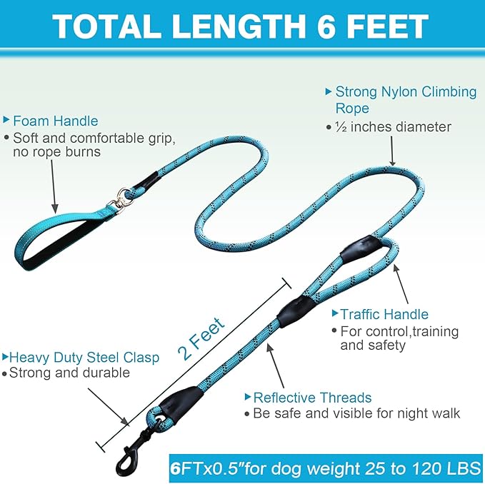 Dog Leash, 6 Foot Dog Leash, 2 Extra Padded Handles, Lockable Metal Carabiner Clip, Reflective No Pull Heavy Duty Rope Lead, Walking, Training, Running, Medium to Large Breeds（Blue）