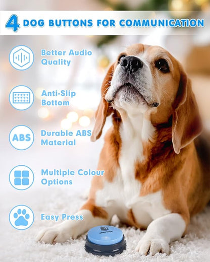 Dog Buttons for Communication, 4 Dog Talking Button Set, Speaking Buttons for Cats and Dogs, 30s Voice Recordable Pet Training Buzzer with Waterproof Dog Activity Mat and 48 Scene Stickers