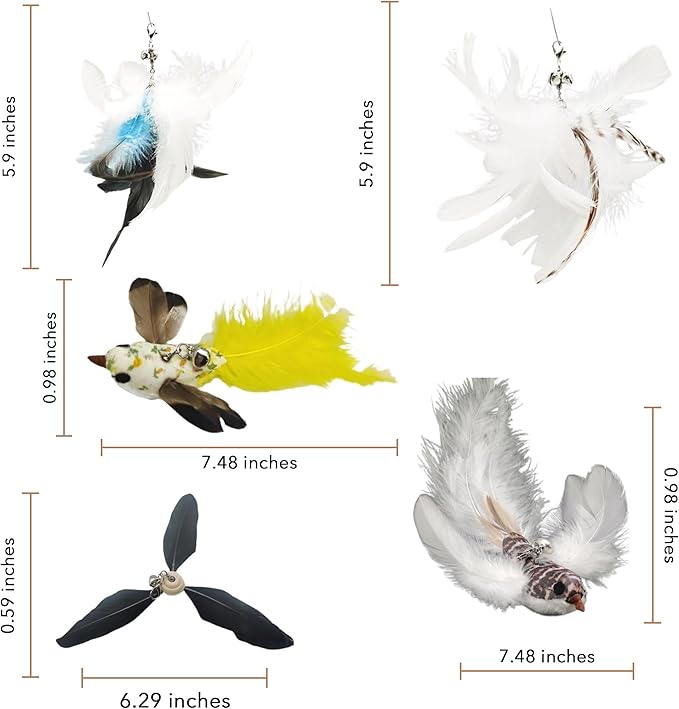 CUTIE PAW PAL Variety Play Set, 5 Pack Refills for Wand and Fishing Poles, Spring Wires, Door/Wall Hang Ropes. 2 Bird, 2 Feather & Windmill Cat Toys - Bells & Easy Clip-On
