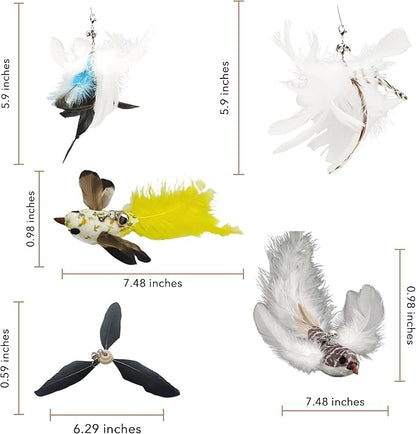 CUTIE PAW PAL Variety Play Set, 5 Pack Refills for Wand and Fishing Poles, Spring Wires, Door/Wall Hang Ropes. 2 Bird, 2 Feather & Windmill Cat Toys - Bells & Easy Clip-On