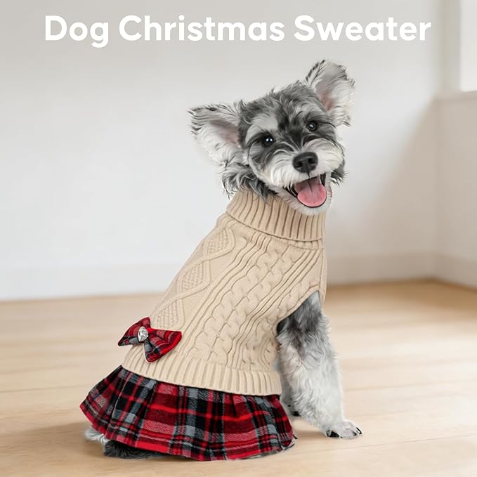 KYEESE Dog Sweater Knitwear Dog Sweaters for Small Dogs Girl Soft Turtleneck Pet Sweater Dress Thick Dogs Clothes with Bowtie Stretchy Cat Sweaters Warm Pullover Pet Coats for Cold Weather Winter