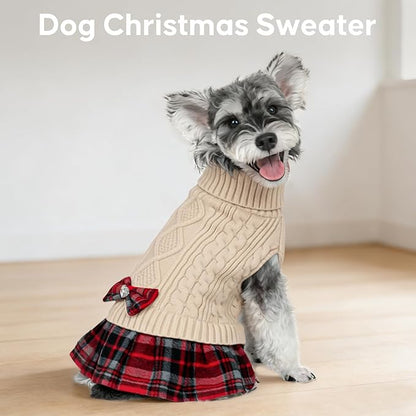 KYEESE Dog Sweater Knitwear Dog Sweaters for Small Dogs Girl Soft Turtleneck Pet Sweater Dress Thick Dogs Clothes with Bowtie Stretchy Cat Sweaters Warm Pullover Pet Coats for Cold Weather Winter