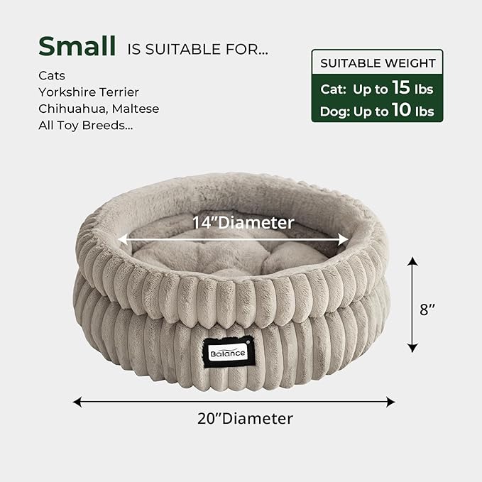 BALANCE Cat Bed Kitten Bed, Washable Round Cat Beds for Indoor Cats,Super Soft Plush Faux Fur Pet Bed for Puppy and Kitten with Anti-Slip Bottom