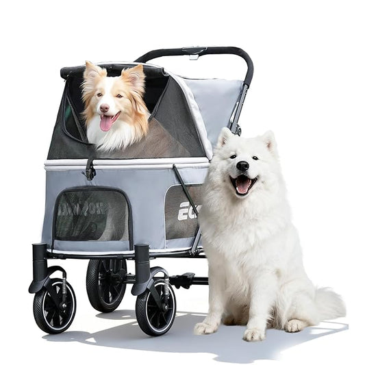 EchoSmile Dog Stroller for Large Dogs, 135lbs Weight Extra Large Pet Stroller, 4 Wheels Cats & Dogs Carrier with Brakes, Breathable Mesh Windows & Pocket, Gray
