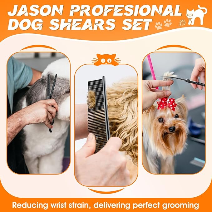 JASON Dog Grooming Scissors Set Professional 6 in 1 Dog Shears Kit - 6.5" Thinning, 7" Straight, 7" Up-Curved, 7" Down-curved Shears and Comb for Dog Cat Pet with Adjustable Screw (Black) Christmas