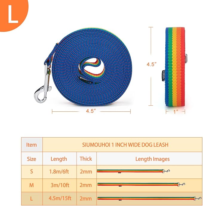 Siumouhoi Strong Durable Nylon Dog Training Leash, 1 Inch Wide Traction Rope, 6 ft 10ft 15ft Long, for Small and Medium Dog (Rainbow, 15 Feet)