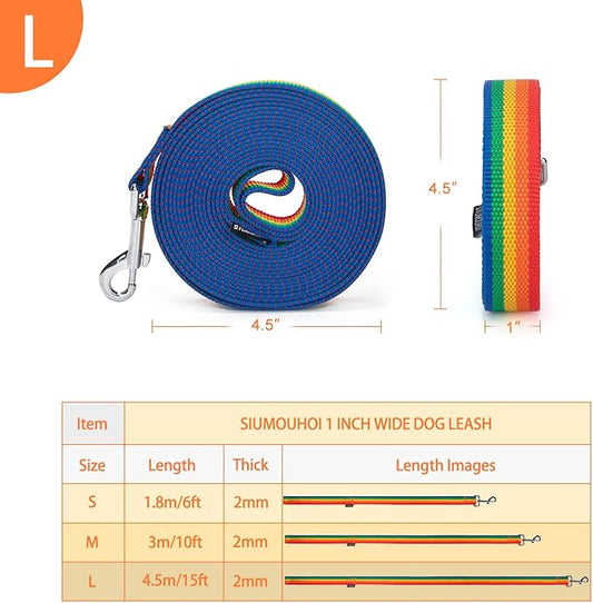 Siumouhoi Strong Durable Nylon Dog Training Leash, 1 Inch Wide Traction Rope, 6 ft 10ft 15ft Long, for Small and Medium Dog (Rainbow, 15 Feet)