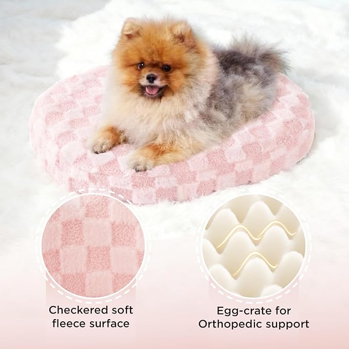 Joydeco Cloud Dog Bed for Small Dogs & Cats, Washable Pet Bed with Orthopedic Foam and Removable Checkered Plush Pad, Non-Slip Bottom for Indoor Puppies and Kittens, 22x20 Inch, Pink