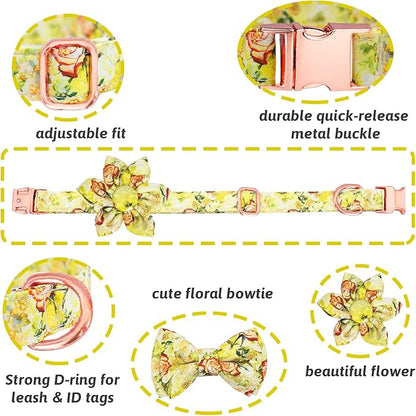 Dog Collar and Leash Set Girls Adjustable Puppy Collars with Floral Bow Tie for Small Medium Large Female Dogs, Yellow Rose, M