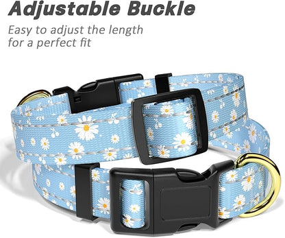 Reflective Dog Collar for Small Dogs, Cute Daisy Theme Adjustable Heavy-Duty Nylon Puppy Collar for Boy and Girl Female, Soft Pet Accessories with Quick Release Buckle, Neck 10-16", Blue