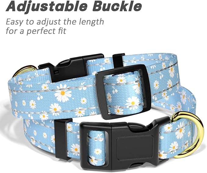 Reflective Dog Collar for Large Dogs, Cute Daisy Theme Adjustable Heavy-Duty Nylon Puppy Collar for Boy and Girl Female, Soft Pet Accessories with Quick Release Buckle, Neck 16-24", Blue