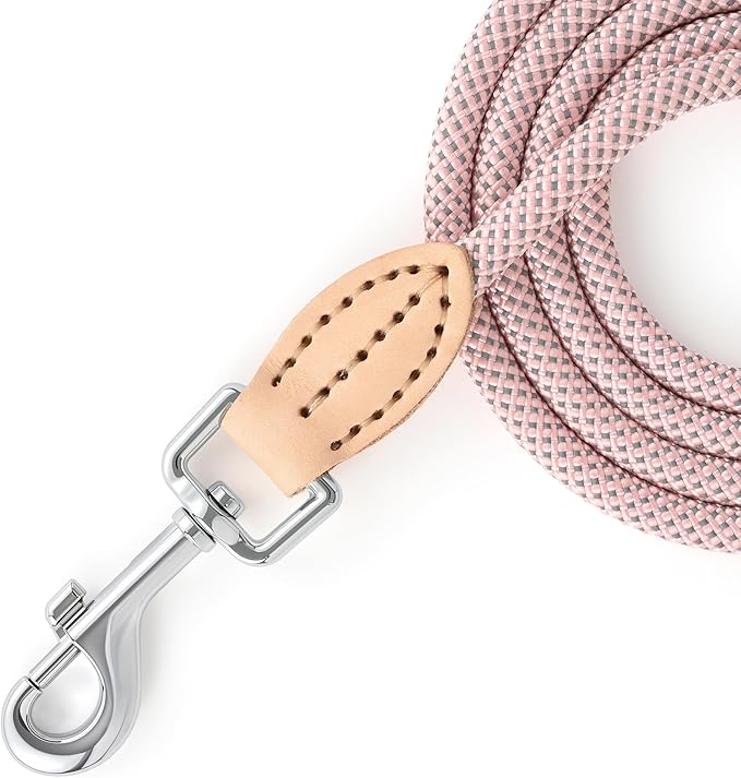 Mile High Life Small Dog Leash, Thin Lightweight Reflective Rope Leash with Genuine Leather Connection, Great for Small Medium Dogs (Pink, 72 Inch-1/3)