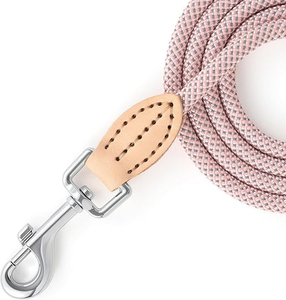 Mile High Life Small Dog Leash, Thin Lightweight Reflective Rope Leash with Genuine Leather Connection, Great for Small Medium Dogs (Pink, 72 Inch-1/3)